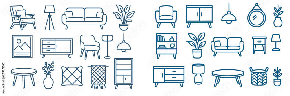 Collection of modern furniture and home decor line art icons Collection of modern furniture and home decor line art icons
