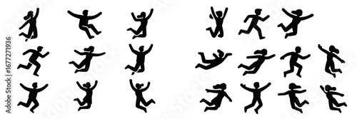 Collection of jumping and running stick figure silhouettes