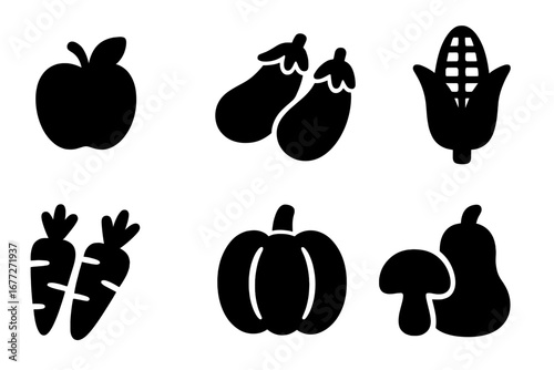 Collection of six stylized black vegetable and fruit icons