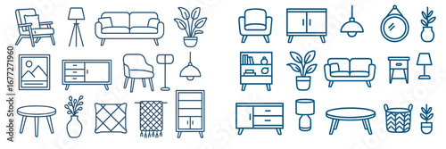 Collection of modern furniture and home decor line art icons