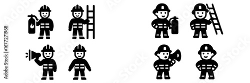 Firefighter icons with equipment and ladder