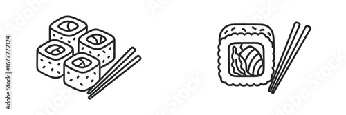 Sushi rolls and chopsticks icon set