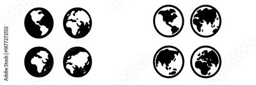 Four Earth globes with different continents visible
