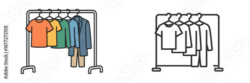 Clothing rack with shirts and coats