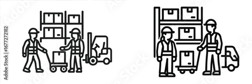 Warehouse workers with forklift and pallet jack