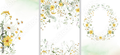 Clipart Set. Watercolor colorful wildflower floral bouquet frame wreath - flower forest meadow green red herbs leaves. Wedding invitation, fashion, textile. Fern, clover, chamomile, ivy, strawberry.