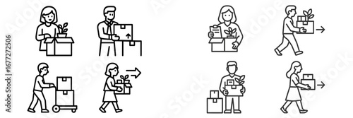 People packing and moving boxes with plants