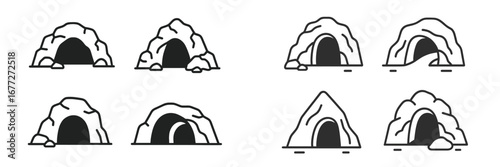 Collection of cave entrances in a flat design style