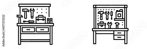 Workbench with tools and toolbox icon