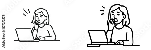 Woman yawning while working on a laptop