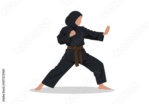 Focused Woman Practicing Martial Arts Defensive Stance.