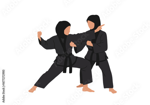 Muslim Women Practicing Martial Arts Self Defense.