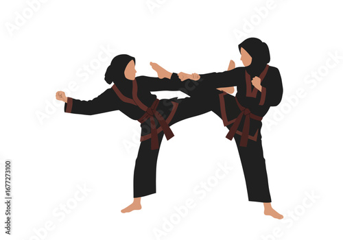 Women Practicing Martial Arts High Kick.