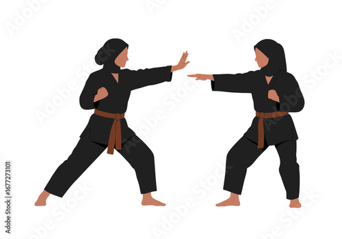Focused Muslim Women Sparring in Martial Arts.
