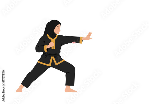 Woman in Hijab Practicing Pencak Silat Martial Art.
