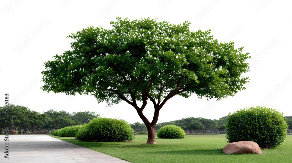 Obraz premium Lush Green Tree in the Garden: A vibrant and expansive tree thrives in a well-maintained garden, its verdant canopy reaching towards the sky, accompanied by neatly trimmed bushes and a winding path. 