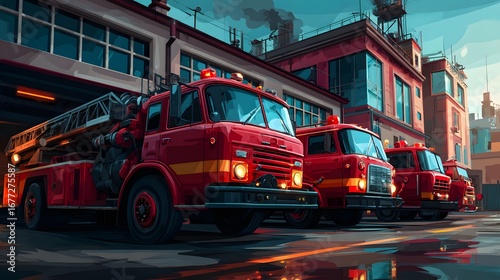 Row of red fire trucks parked outside urban fire station under dramatic sky, perfect for emergency response themes, editorial content