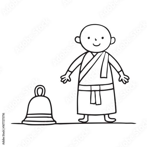 An illustration o monk standing near a vihara bell