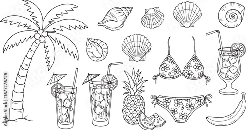 Summer Beach Vacation Essentials Palm Tree, Cocktails, Bikini, Pineapple, and Seashells Clipart