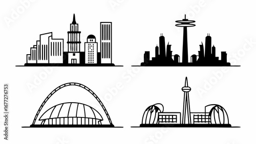 Four city skyline silhouettes featuring various architectural styles and landmarks in monochrome design created with generated ai