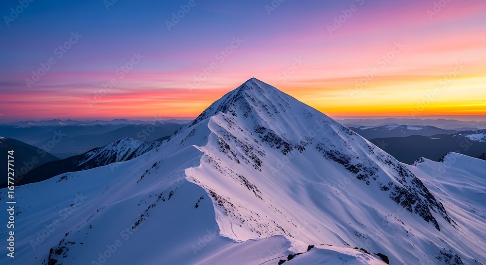 Naklejka premium Majestic snowcapped mountain peak at sunrise with vibrant sky colors