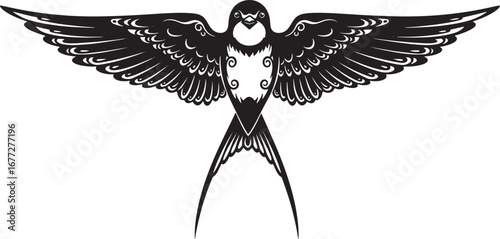 Elegant monochrome illustration of a flying swallow bird with outstretched wings, a traditional symbol of hope and freedom