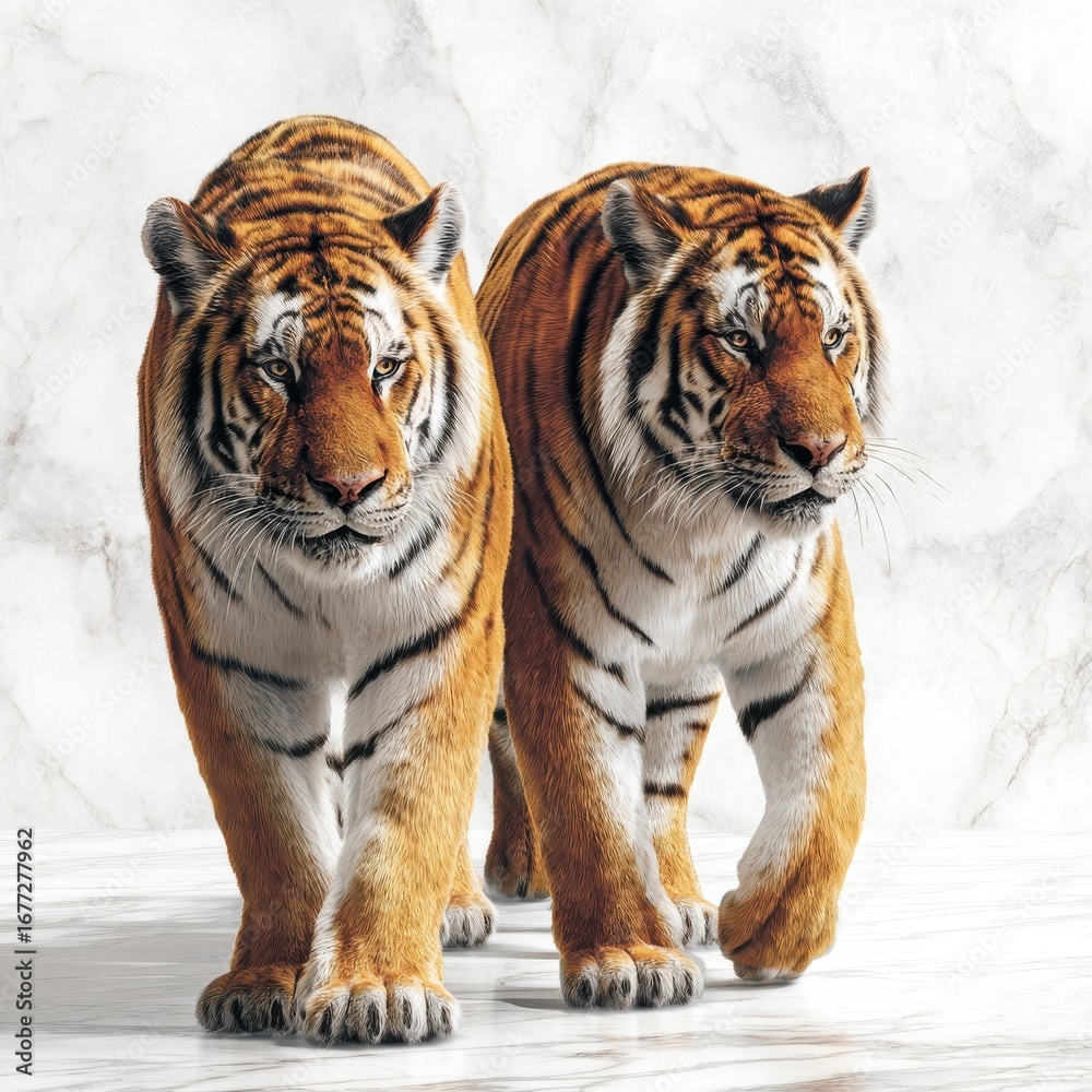 Obraz premium close up two bengal tigers standing on ivory marble floor isolated on white background in ultra detailed photorealistic style