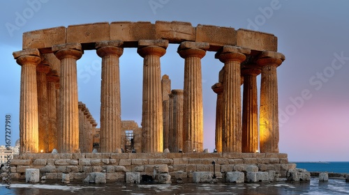 Ancient greek temple ruins at sunset sicily architectural photography coastal environment captivating viewpoint historical concept
