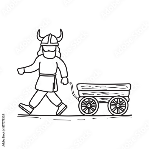 An illustration of viking man walking past a wooden cart