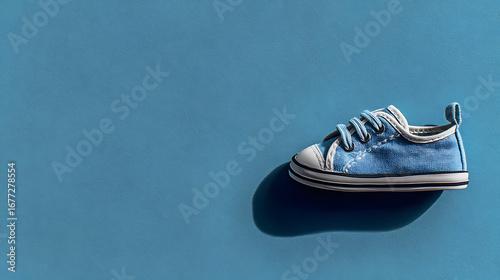 Fototapeta Naklejka Na Ścianę i Meble -  A small blue canvas sneaker with velcro straps is isolated against a matching backdrop, highlighting its design and suitability for childrens casual wear