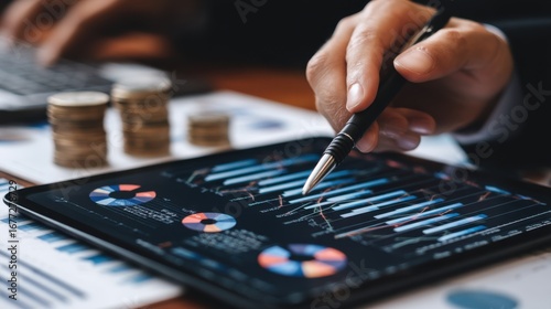 Financial analysis trends corporate office digital report professional environment close-up view business insights