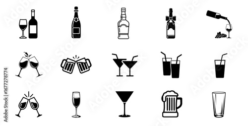 A collection of drink icons, including wine, beer, and cocktails, on a transparent background