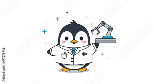 Penguin Scientist with Robotic Arm Cute Cartoon Illustration