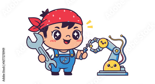 Cute Cartoon Mechanic Fixing Robot Arm With Wrench Star