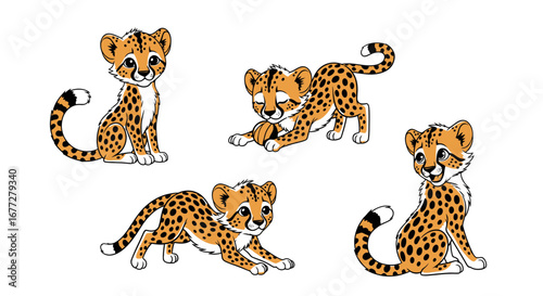Cartoon Cheetah Cubs Playing Posing on White Background