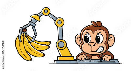 Cartoon monkey operates robot arm to snatch bananas funny illustration
