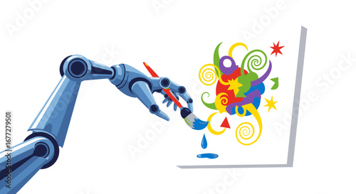 Robotic arm creating colorful abstract art with paintbrush on a canvas