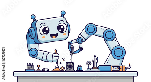 Cute Robot Repairing Electronics with Screwdrivers in Cartoon Style Design