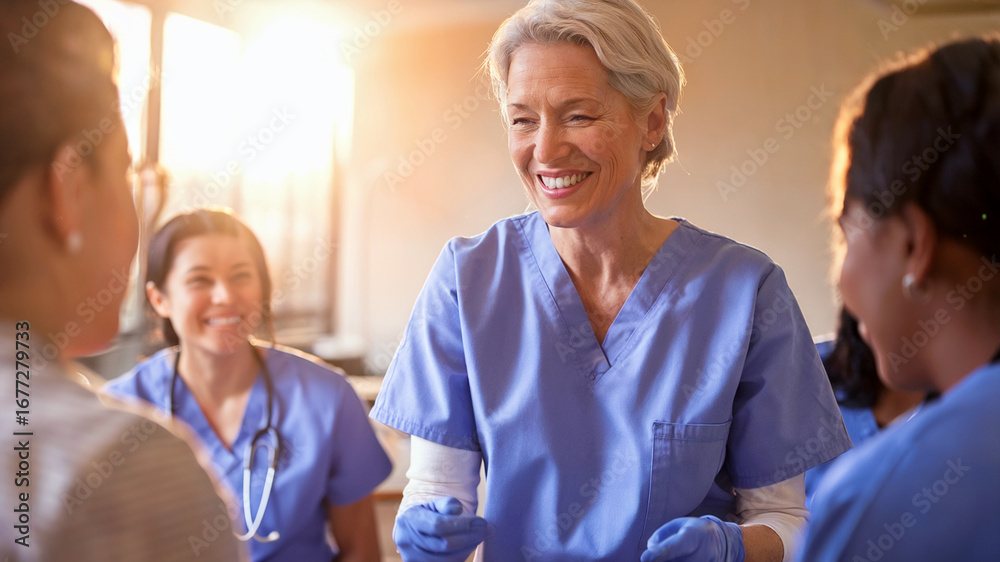 Obraz premium Group of healthcare workers in blue scrubs smiling and collaborating in a hospital setting, teamwork and support in medical care.