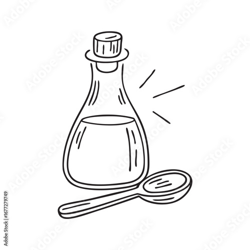 An illustration of vinegar bottle beside a wooden spoon