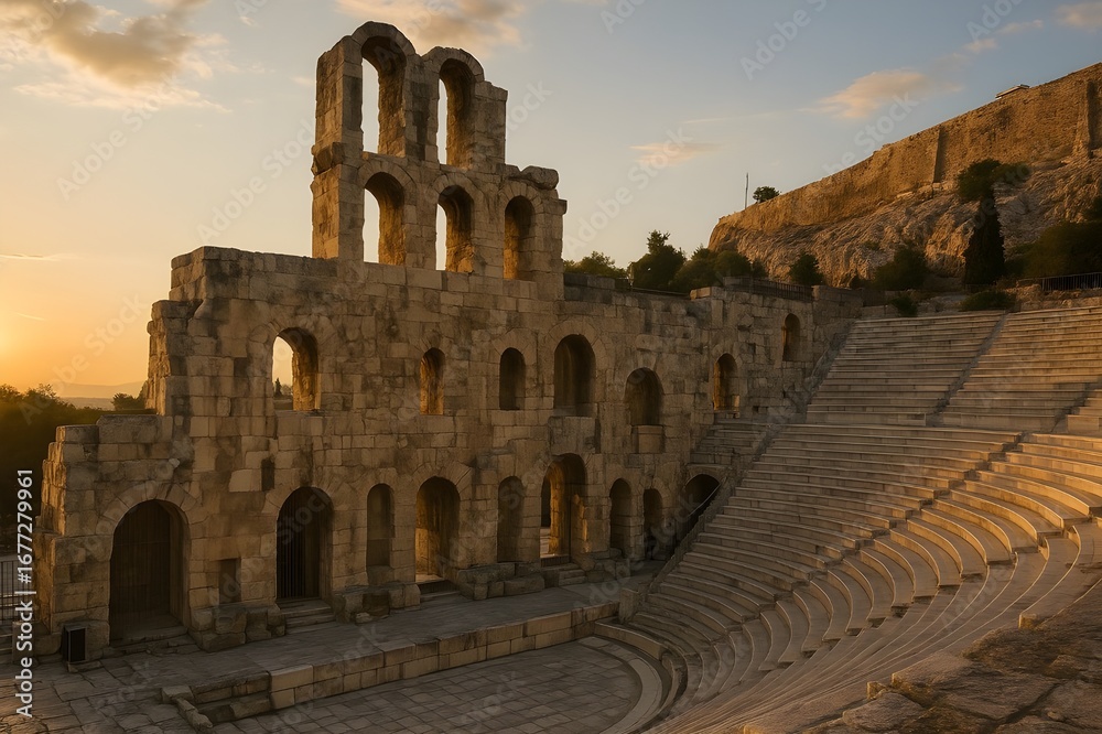 Fototapeta premium Golden sunrise light over the Odeon of Herodes Atticus amphitheater at the Acropolis in Athens, Greece, highlighting the ancient stone ruins