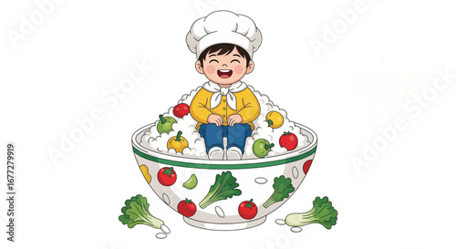 A Chef's Delight Little Cook in a Bowl of Veggies