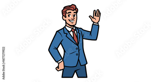 Smiling Businessman Waving Hand in Friendly Gesture Isolated Cartoon Illustration