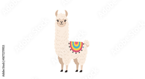 Cute cartoon llama alpaca with colorful blanket animal illustration