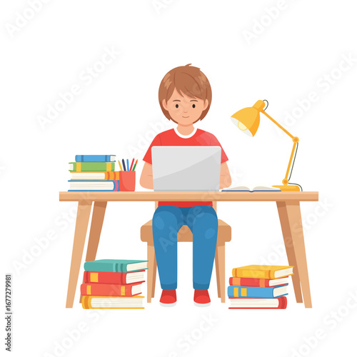 Young boy using a laptop for online education and homework, surrounded by books at his desk. Concept of e-learning and distance learning