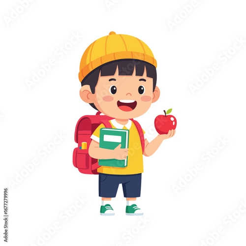 Happy Schoolboy with Backpack Holding Book and Apple Ready for Education