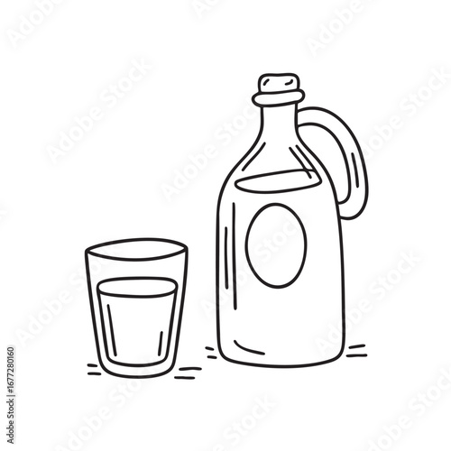 An illustration of vinegar container near a glass cup