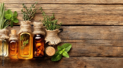 Herbal oil bottles display rustic wood background product photography natural lifestyle close-up view aromatherapy benefits