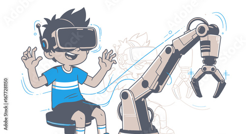 Cartoon Boy with VR Headset Controlling Robotic Arm Illustration