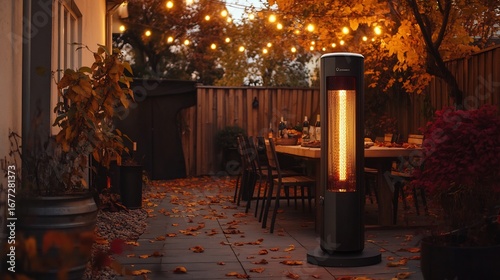 Modern outdoor heater on a cozy patio warming guests seated around a wooden table with autumn leaves scattered and warm lights strung above creating a welcoming evening atmosphere